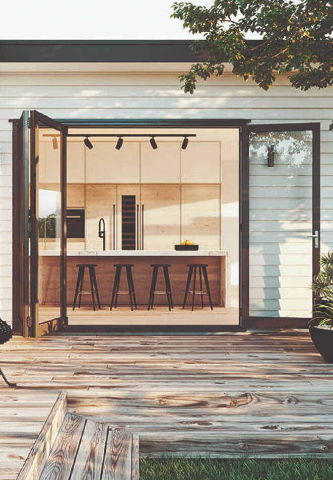 Duco Bifold door configuration onto a deck setting