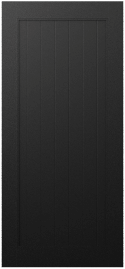 Duco entry door in black  - with 6 vertical wood panels across the door