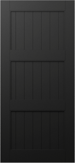 Duco entry door in black - with 3 horizontal panels with wood panels across the door evenly