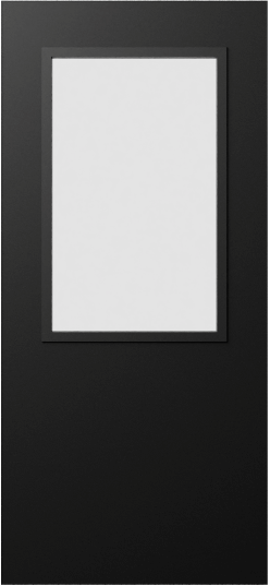 Duco entry door in black with one full panel in the top half of the door