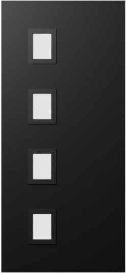 Duco entry door in black with four even opaque horizontal panels positioned on the left hand side of the door