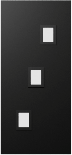 Duco entry door in black with 3 square opaque panels in a diagonnal pattern across the door
