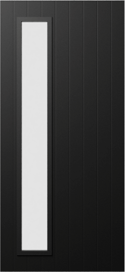 Duco entry door in black - with vertical panels top to bottom of the door inset with 1 vertical opaque panel on the left hand side of the door