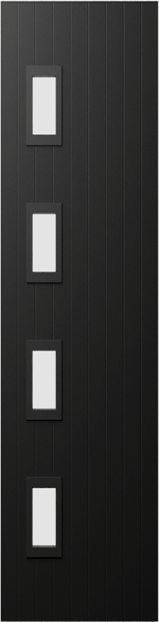 Duco entry door in black - with vertical panels top to bottom of the door inset with 4 square opaque panels on the left hand side of the door