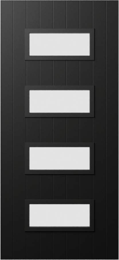 Duco entry door in black - with vertical panels top to bottom of the door inset with 4 horizontal opaque panels in the middle of the door