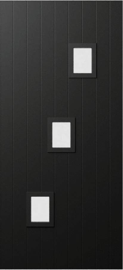 Duco entry door in black - with vertical panels top to bottom of the door inset with 3 square opaque panels in a diagonal pattern 