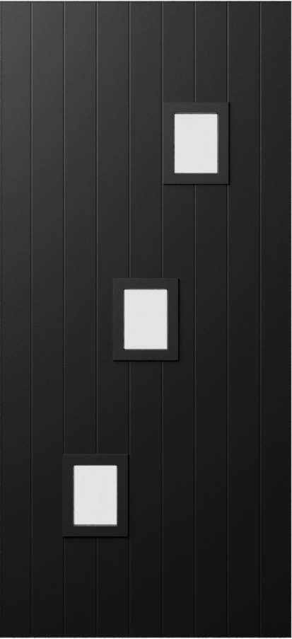 Duco entry door in black - with vertical panels top to bottom of the door inset with 3 square opaque panels in a diagonal pattern