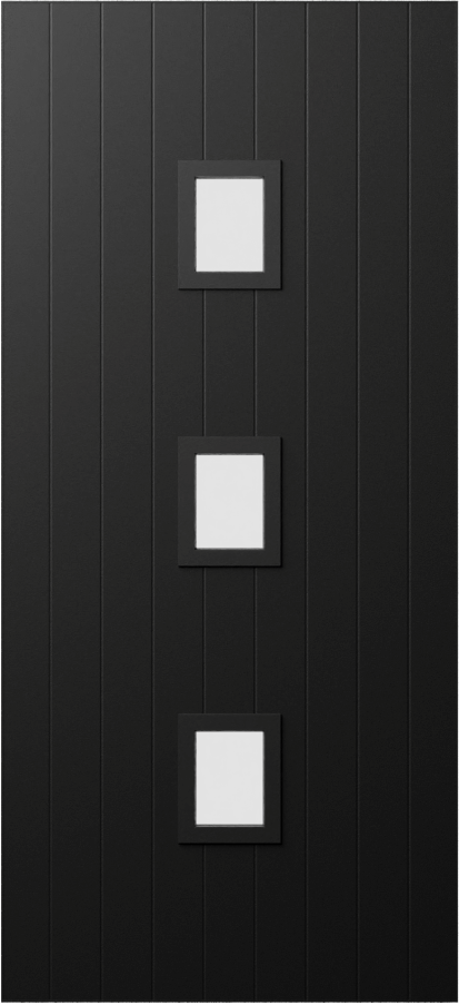 Duco entry door in black  - with vertical panels top to bottom of the door inset with 3 square opaque panels in the middle of the door