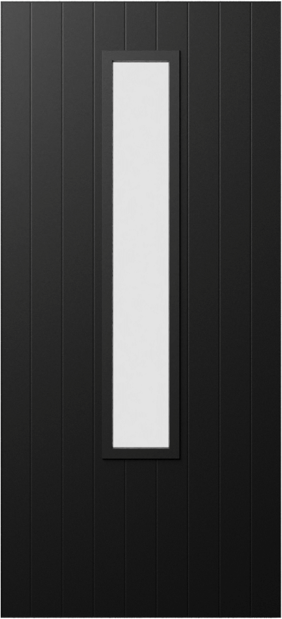Duco entry door in black  - with vertical panels top to bottom of the door inset with 1 vertical opaque panels in the middle of the door