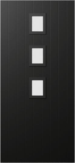 Duco entry door in black  - with vertical panels top to bottom of the door inset with 3 square opaque panels in the middle of the door