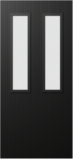 Duco entry door in black - with vertical panels top to bottom of the door inset with 2 vertical opaque panels on the top half of the door