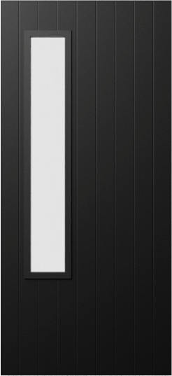 Duco entry door in black - with vertical panels top to bottom of the door inset with 1shorter vertical opaque panel on the left hand side of the door