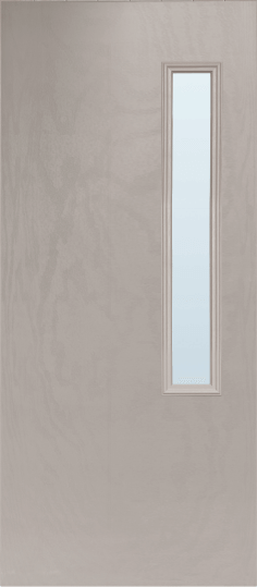 Duco entry door in grey with a two thirds size vertical side panel on the right hand side of the door