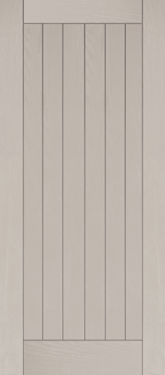 Duco entry door in grey  - with 6 vertical wood panels across the door