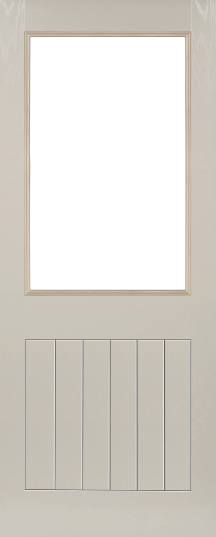 Duco entry door in grey  - with 1 opaque panel on the top half and wood panels inset on the bottom half