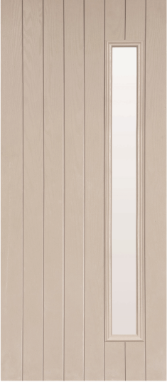 Duco entry door in grey - with vertical panels top to bottom of the door inset with 1 vertical opaque panel on the right hand side of the door