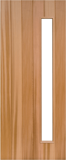 Duco entry door in wood - with vertical panels top to bottom of the door inset with 1 vertical opaque panel on the right hand side of the door