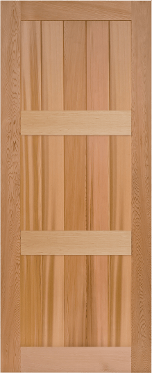 Duco entry door in wood - with 3 horizontal panels with wood panels inset across the door evenly