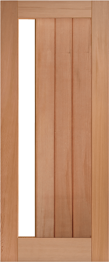Duco entry door in wood  - with 1 vertical opaque panel on the left side and vertical wood panels inset on the right side