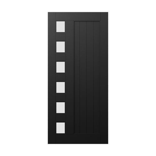Duco entry door in black  - with 6 square opaque panels on the left side and vertical wood panels inset on the right side