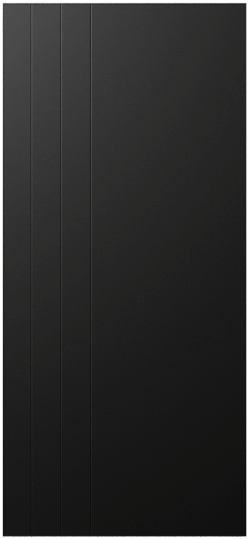 Duco entry door in black - with 3 full length vertical lines patterned on the left hand side 
