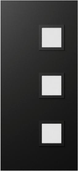 Duco entry door in black with 3 square opaque panels on the right hand side of the door