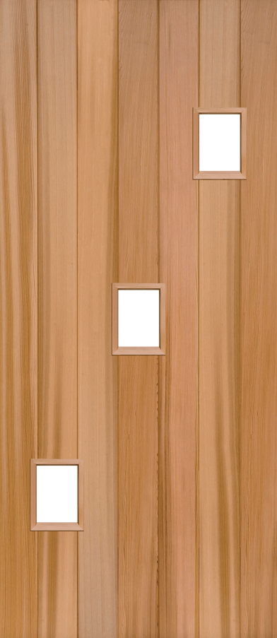 Duco entry door in wood - with vertical panels top to bottom of the door inset with 3 square opaque panels in a diagonal pattern 
